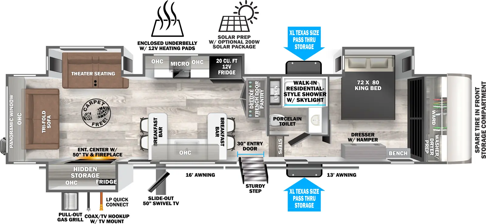 The Hemisphere Fifth Wheels 35RE has one entry and four slide outs. Exterior features include: fiberglass exterior, 16' & 13' awning,  outside entertainment and outside kitchen. Interiors features include: front bedroom and rear living.